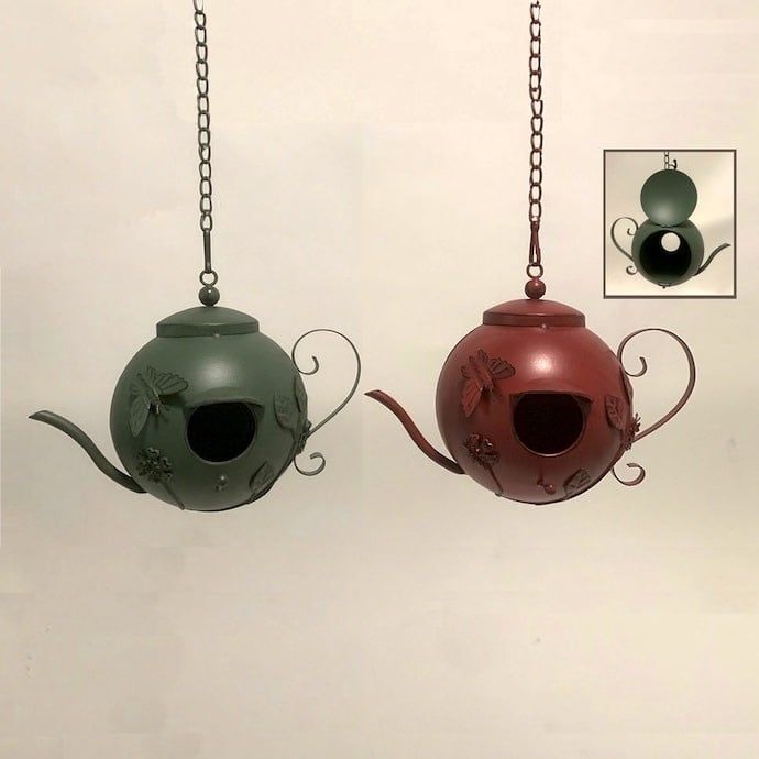 Bird House Teapot 9x6x7 w/Chain 16H Metal Asst