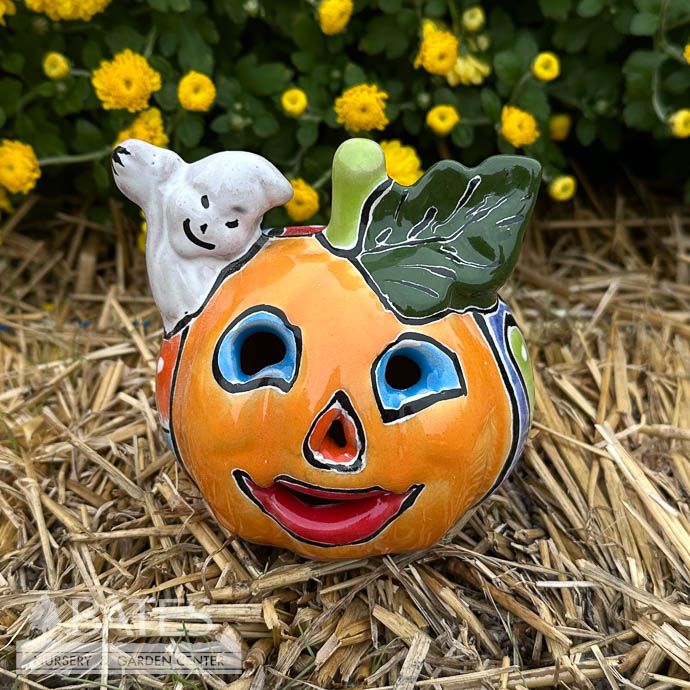 Statuary Pumpkin /Jack O Lantern w/Ghost  &amp; Leaf on Top MINI  3.5x4 Talavera