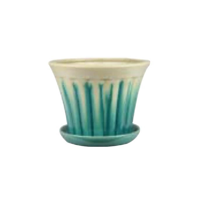 Pot Benatar Flare w/att Saucer Sml 3.8x3.8  2-Tone Beige &amp; Green