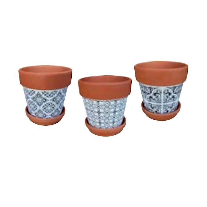 Pot Phoenician w/Terracotta Rim &amp; Saucer 5x5 Blu &amp; Wht Asst Patterns