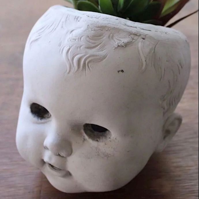 Pot Baby Doll Head Planter Lrg 6&quot; Concrete Flat Earth Designs