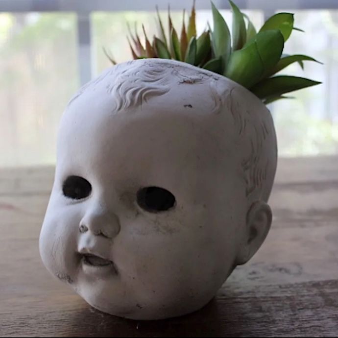 Pot Baby Doll Head Planter Lrg 6&quot; Concrete Flat Earth Designs