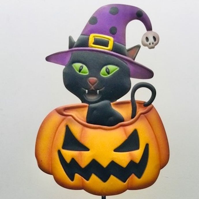 Halloween Garden Stake Cat in Jack O Lantern on Stake 37x12 Metal