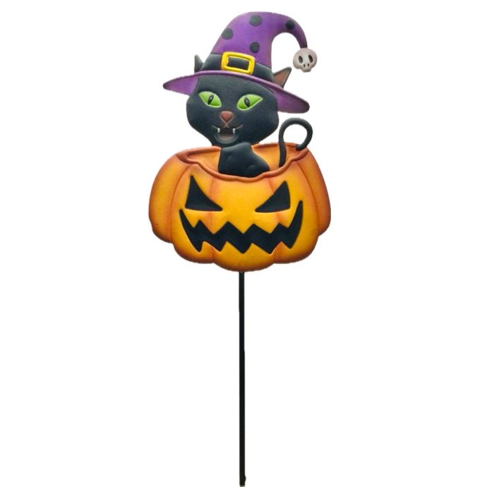 Halloween Garden Stake Cat in Jack O Lantern on Stake 37x12 Metal