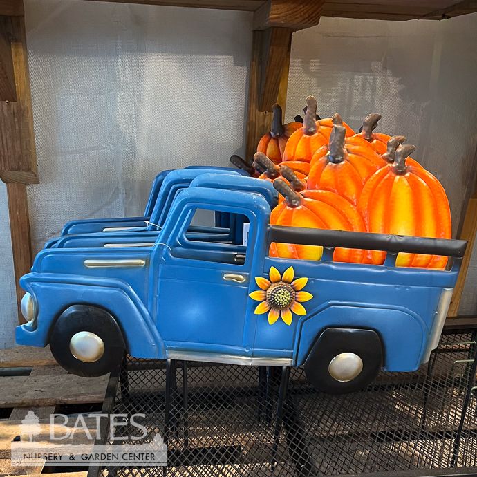 Fall Garden Stake Blue Truck w/Pumpkins on Two Poles 25x28 Metal