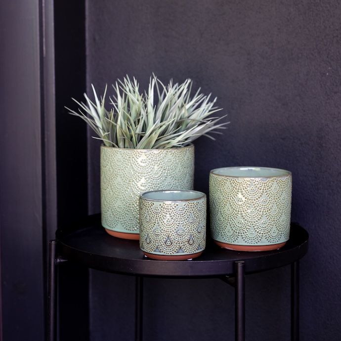 Pot Bella Cylinder Moroccan Decor Lrg 7x6.5 Green