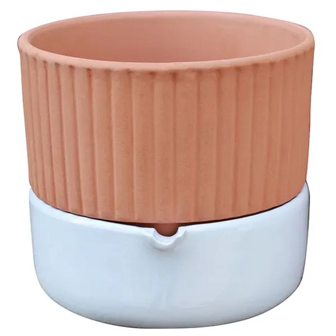Pot Self-Watering Mixed Media Cylinder Sml 5x4 Terracotta &amp; White