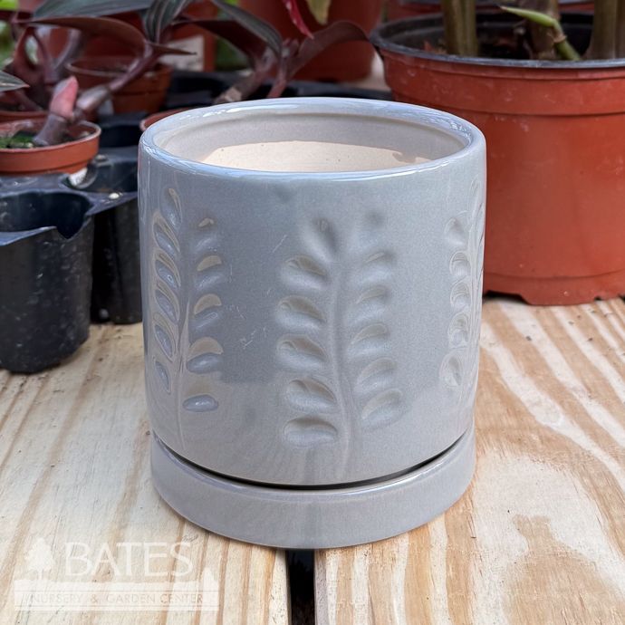 Pot Janna Cylinder w/Leaf Decor Sml 4x4 Lt Grey
