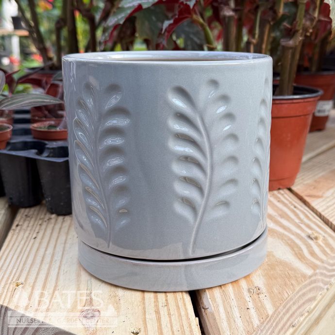 Pot Janna Cyinder w/Leaf Decor Lrg 6x6 Lt Grey
