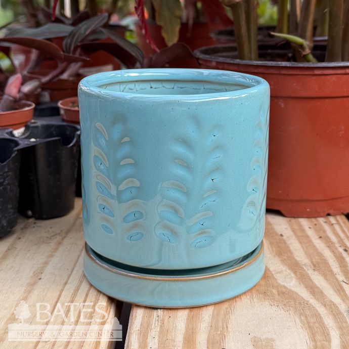Pot Janna Cylinder w/Leaf Decor Sml 4x4 Celedon