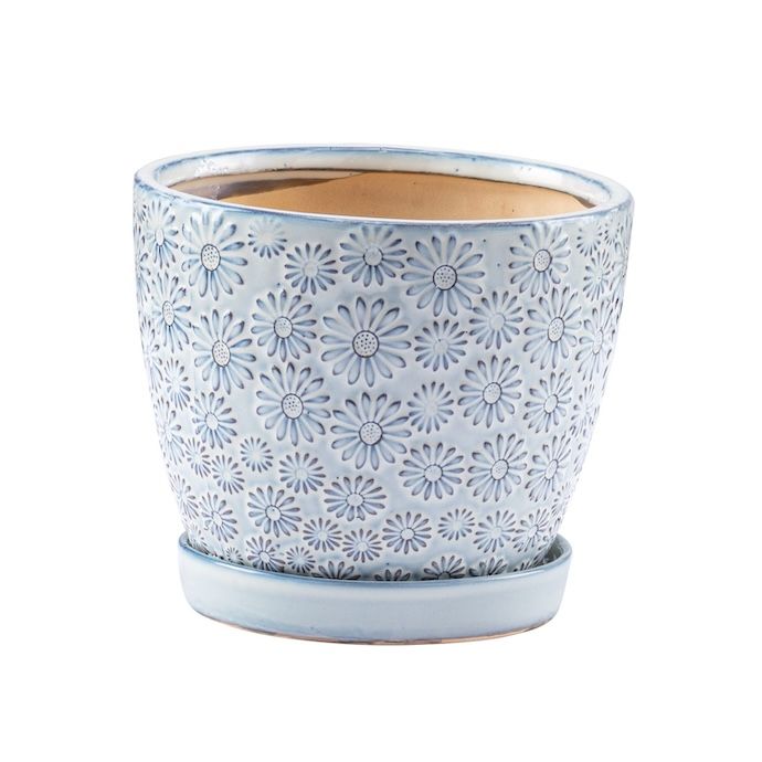 Pot Embossed Daisy Planter w/Saucer Med 6x5 White/Blue