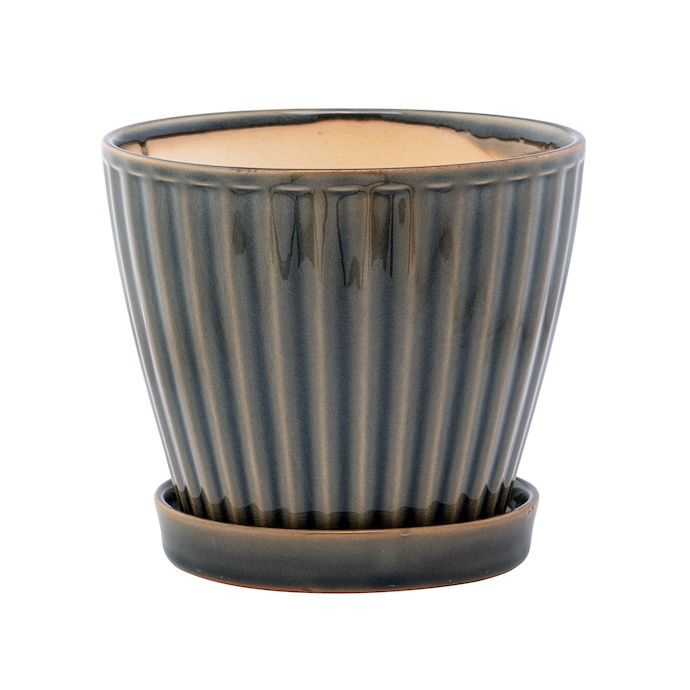 Pot Ribbed w/Saucer Sml 6x5 Brown Glazed