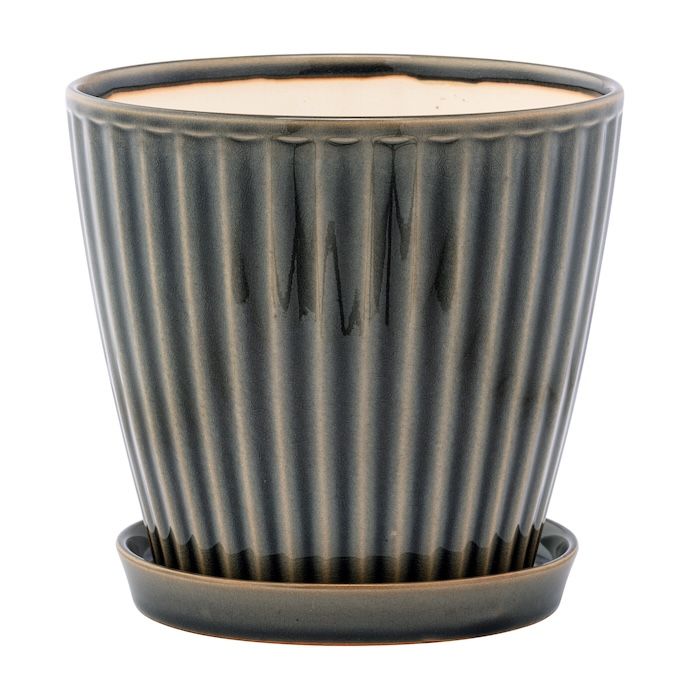 Pot Ribbed w/Saucer Lrg 7x6.75 Brown Glazed