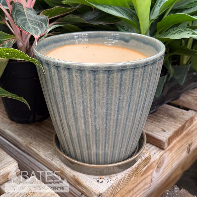 Pot Ribbed w/Saucer Lrg 7x6.75 Brown Glazed