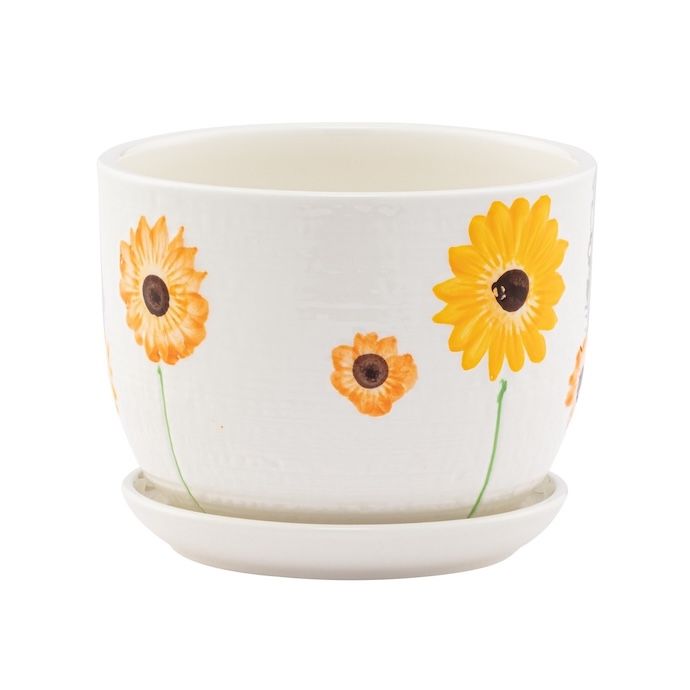 Pot Sunflower Decor w/Saucer Med 6x4.5 White w/Orange and Yellow Flowers