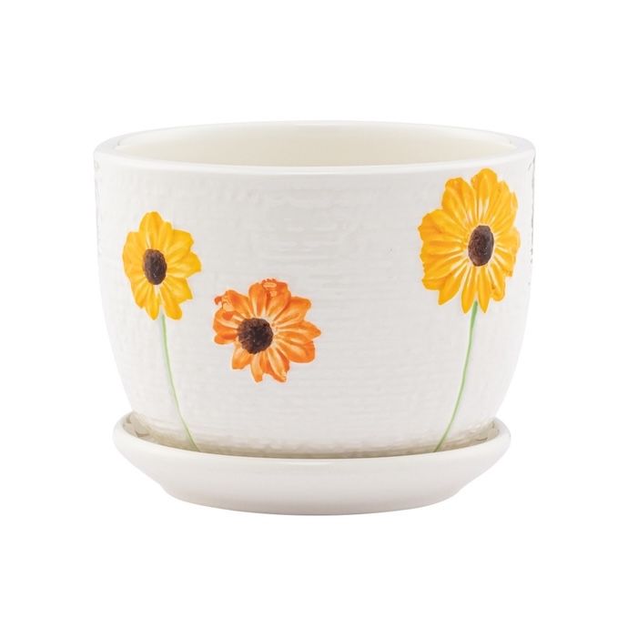 Pot Sunflower Decor w/Saucer Sml 5x3.5 White w/Orange and Yellow Flowers