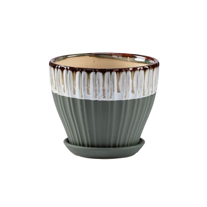 Pot Vertical Lines Planter w/Saucer Sml 5.75x5  Green/White w/Brown Rim