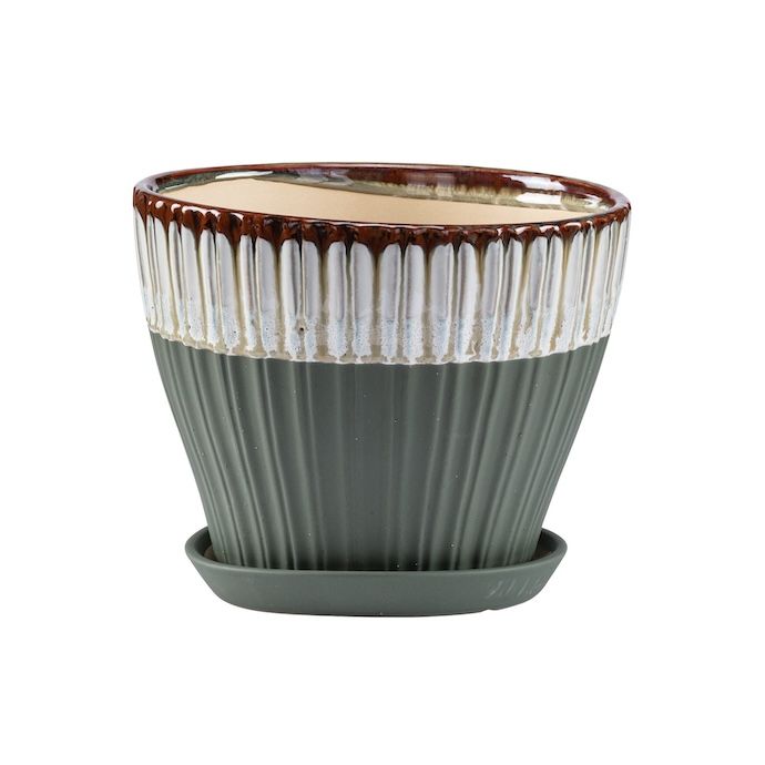 Pot Vertical Lines Planter w/Saucer Lrg 9x7.5  Green/White w/Brown Rim