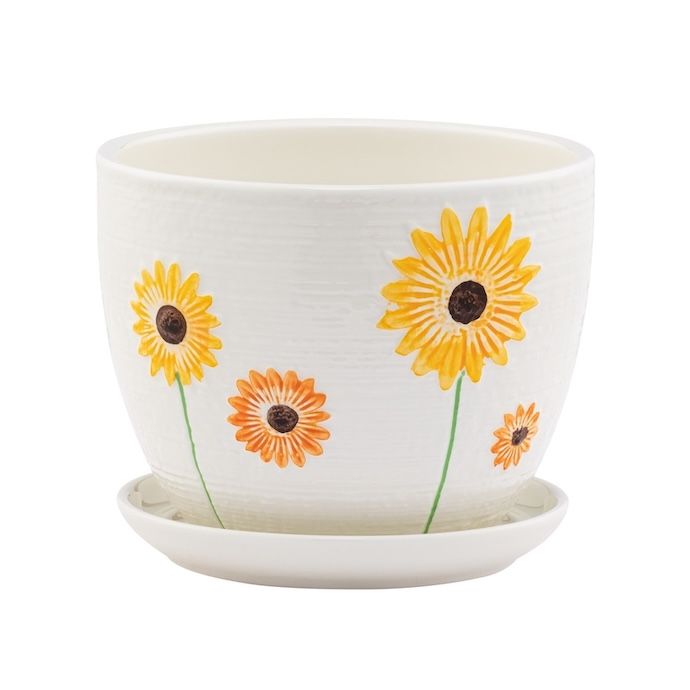 Pot Sunflower Decor w/Saucer Lrg 8x6 White w/Orange and Yellow Flowers