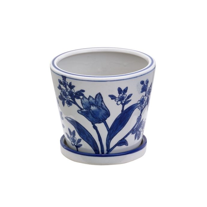 Pot Floral Planter w/Saucer Sml 4.75x4.5 Asst Blue/White Porcelain