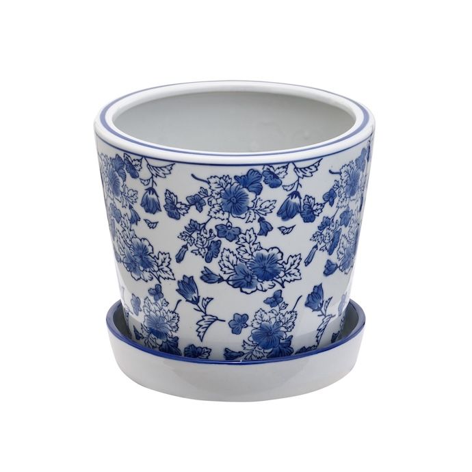 Pot Floral Planter w/Saucer Lrg 6x6 Asst Blue/White Porcelain