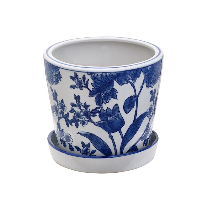Pot Floral Planter w/Saucer Lrg 6x6 Asst Blue/White Porcelain