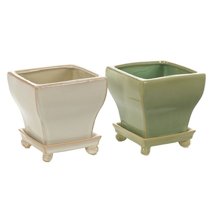 Pot Square Taper w/Saucer Sml 4.75x4.75 Cream or Green