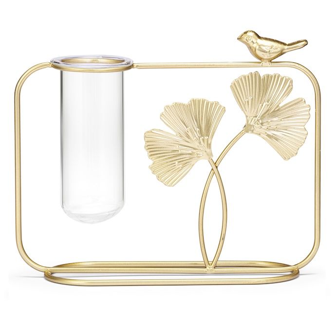 Propagation Stand Ginkgo Leaves w/Bird 8.75x7 Gold Metal w/Glass