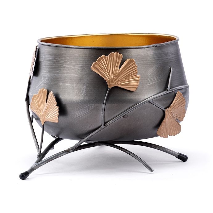Pot Bowl w/Ginkgo Leaves and Branch 6x4.5 Gold/Silver Metal