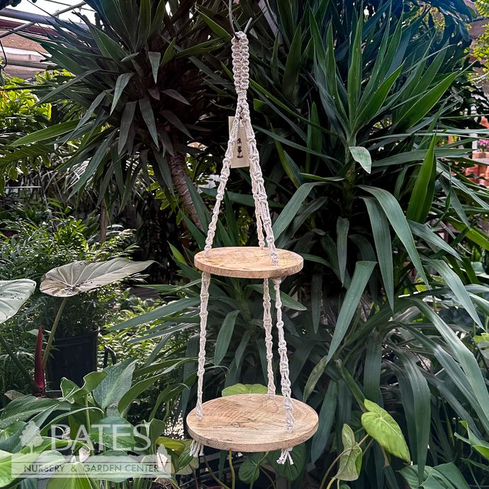 Plant Hanger 30" Macrame 2-Tier Hanging Table w/Wooden Rounds Primitive Planters