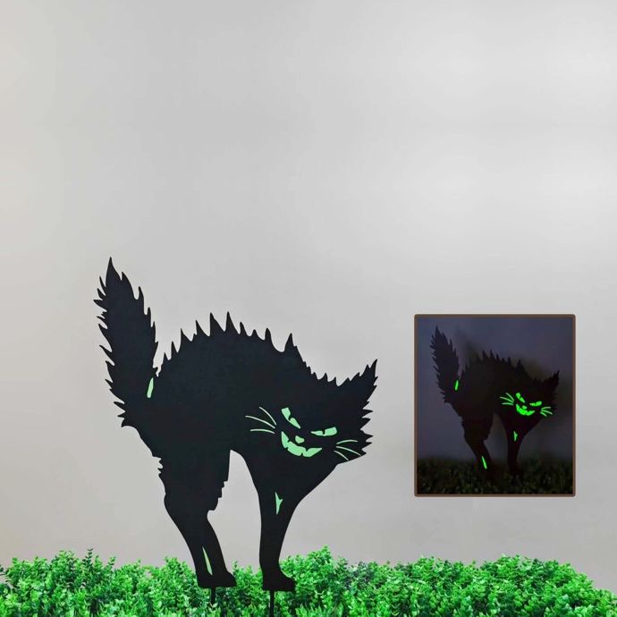 Halloween Garden Stake Scaredy Cat Glow-in-the-Dark Metal 21.5x37.5H
