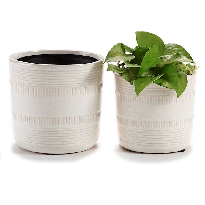 Pot Cylinder w/Vertical &amp; Horizontal Lines Lrg 6x5 Natural