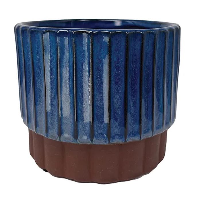 Pot Lila Ridged Pedestal Lrg 7.5x6.5 Blue w/Terra Bottom