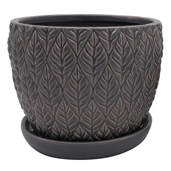 Pot Sherborn Embossed Leaves w/att Saucer 7x6 Titanium