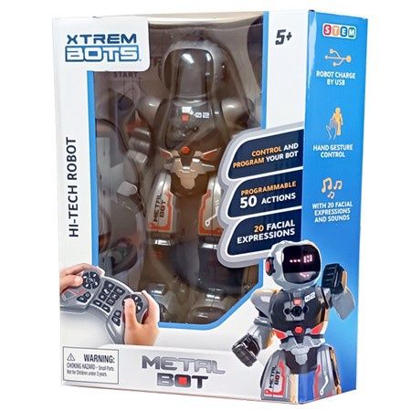Xtrem Bots Metal Bot displaying a happy LED facial expression.