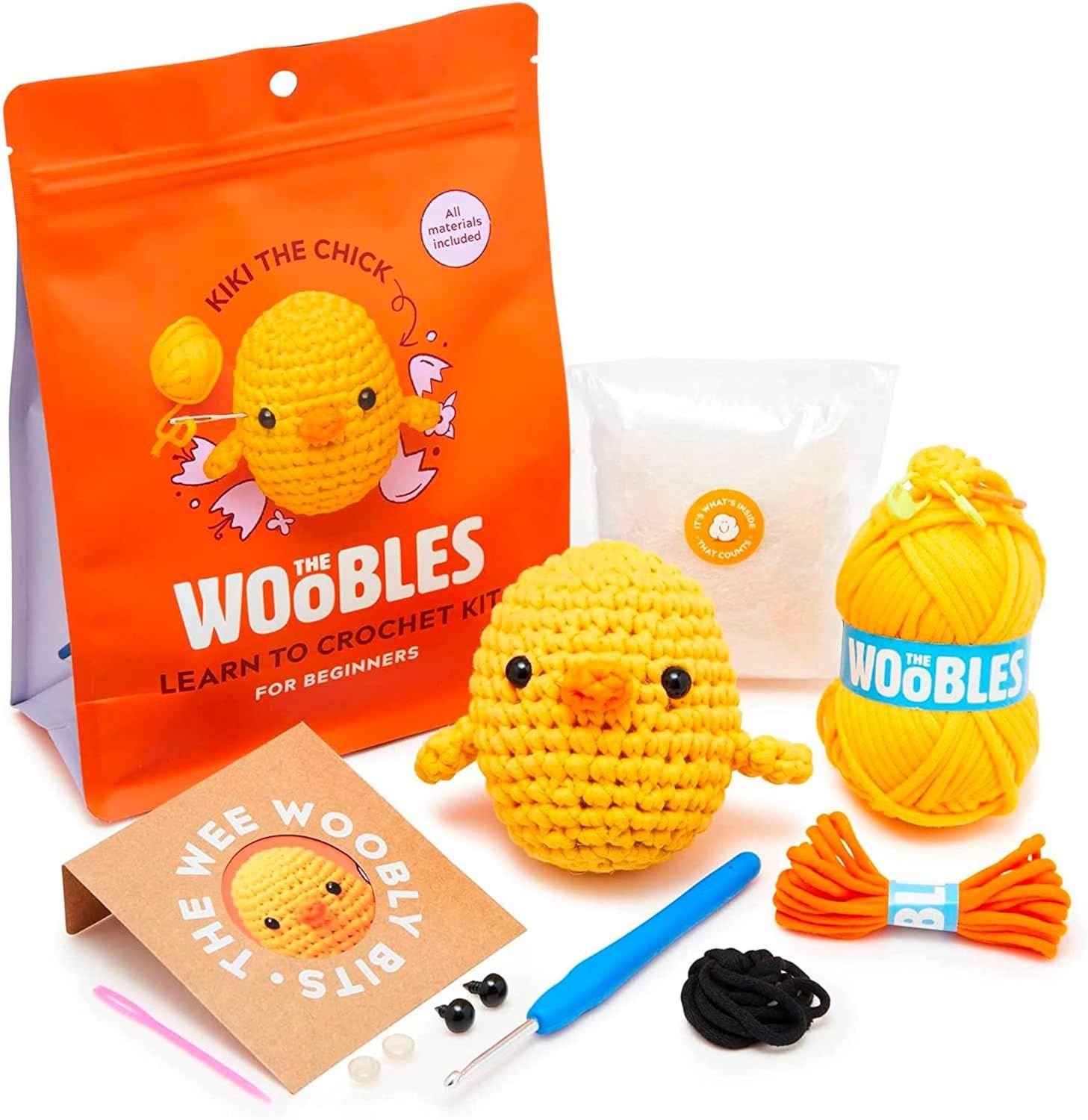 The Woobles "Kiki the Chick" crochet kit contents and finished chick