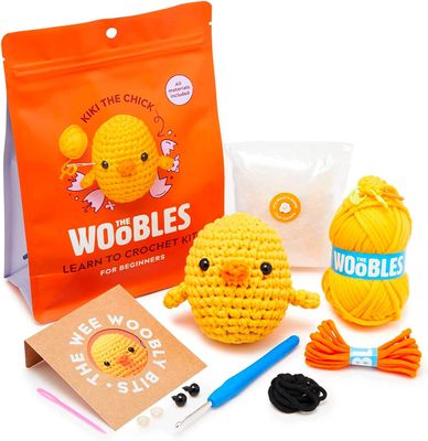 The Woobles "Kiki the Chick" crochet kit contents and finished chick