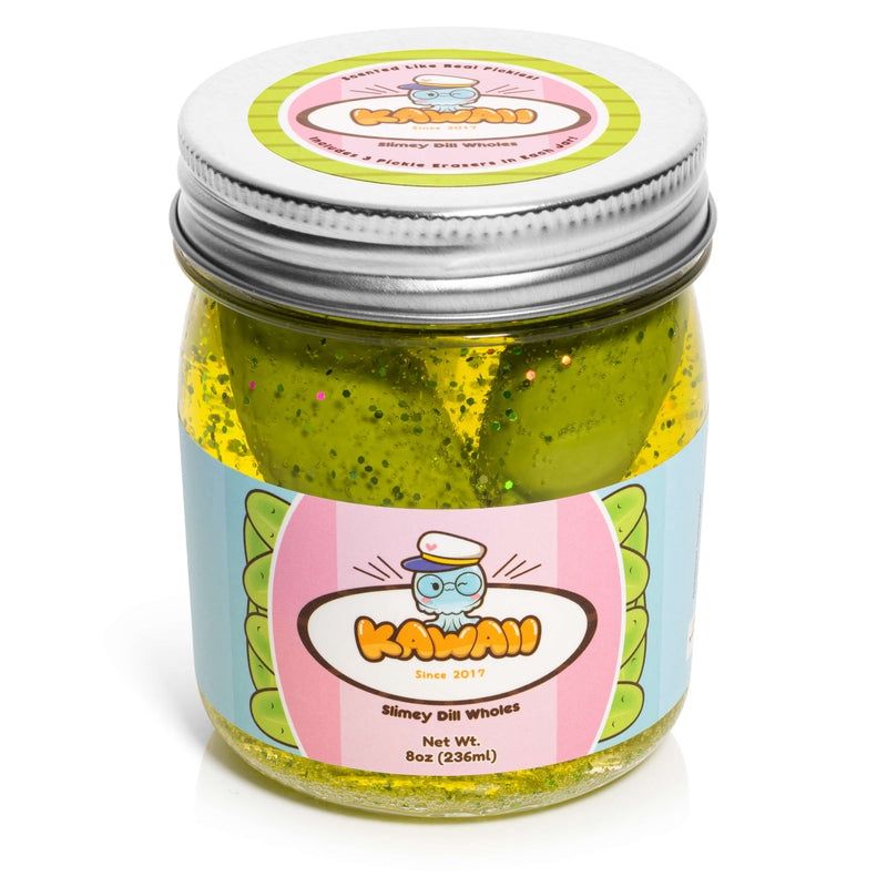 Shimmery Pickle Slime in its packaging from Kawaii Slime Company​
