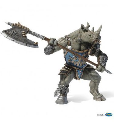 Hand-painted Papo Rhino Mutant figurine with blue armor and axe from the Fantasy World Collection