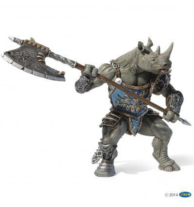 Hand-painted Papo Rhino Mutant figurine with blue armor and axe from the Fantasy World Collection