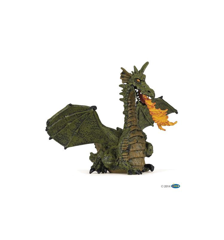 Hand-painted Papo Green Winged Dragon figurine breathing flame from the Enchanted World Collection