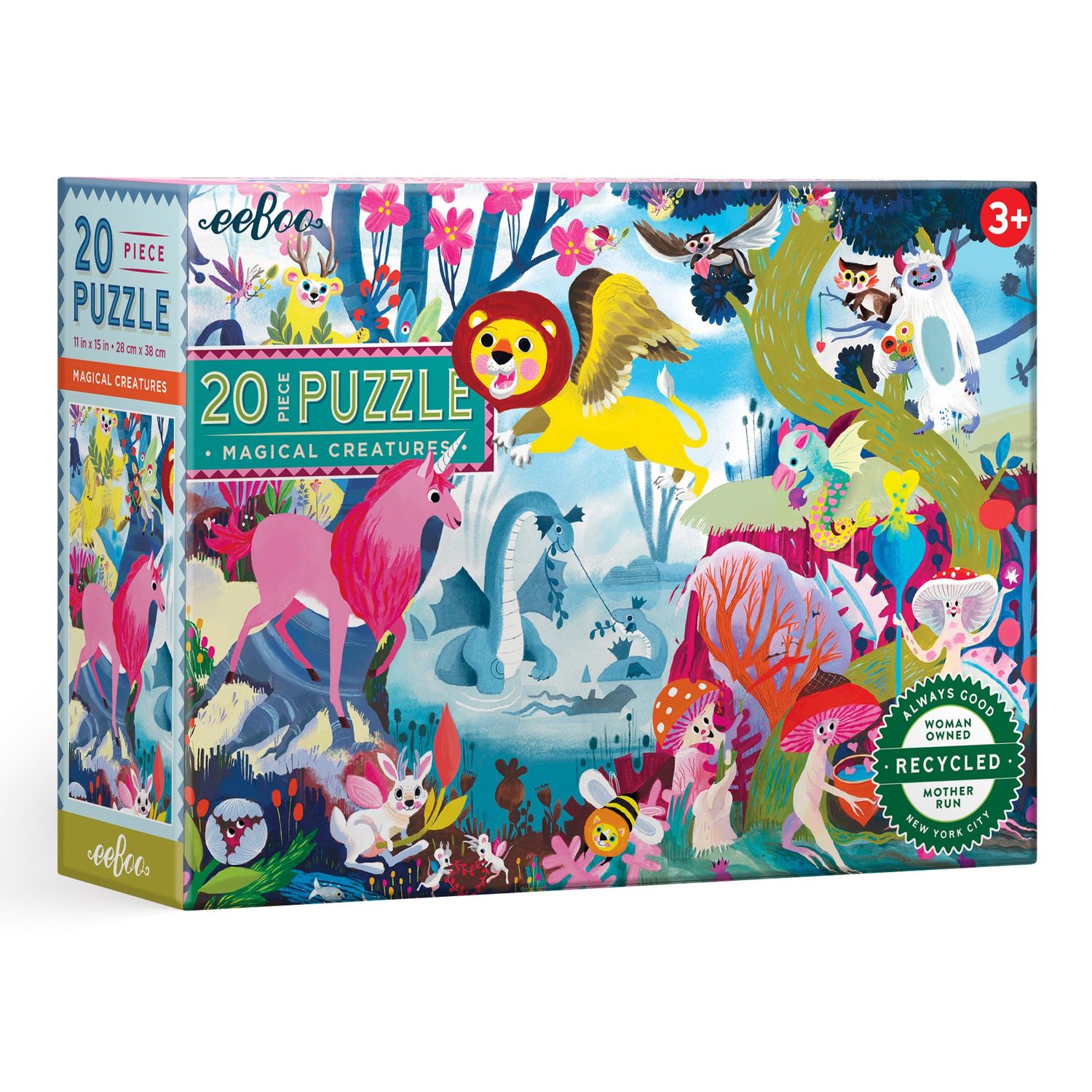 eeBoo Magical Creatures 20-Piece Puzzle box featuring colorful unicorns and whimsical characters​ 
