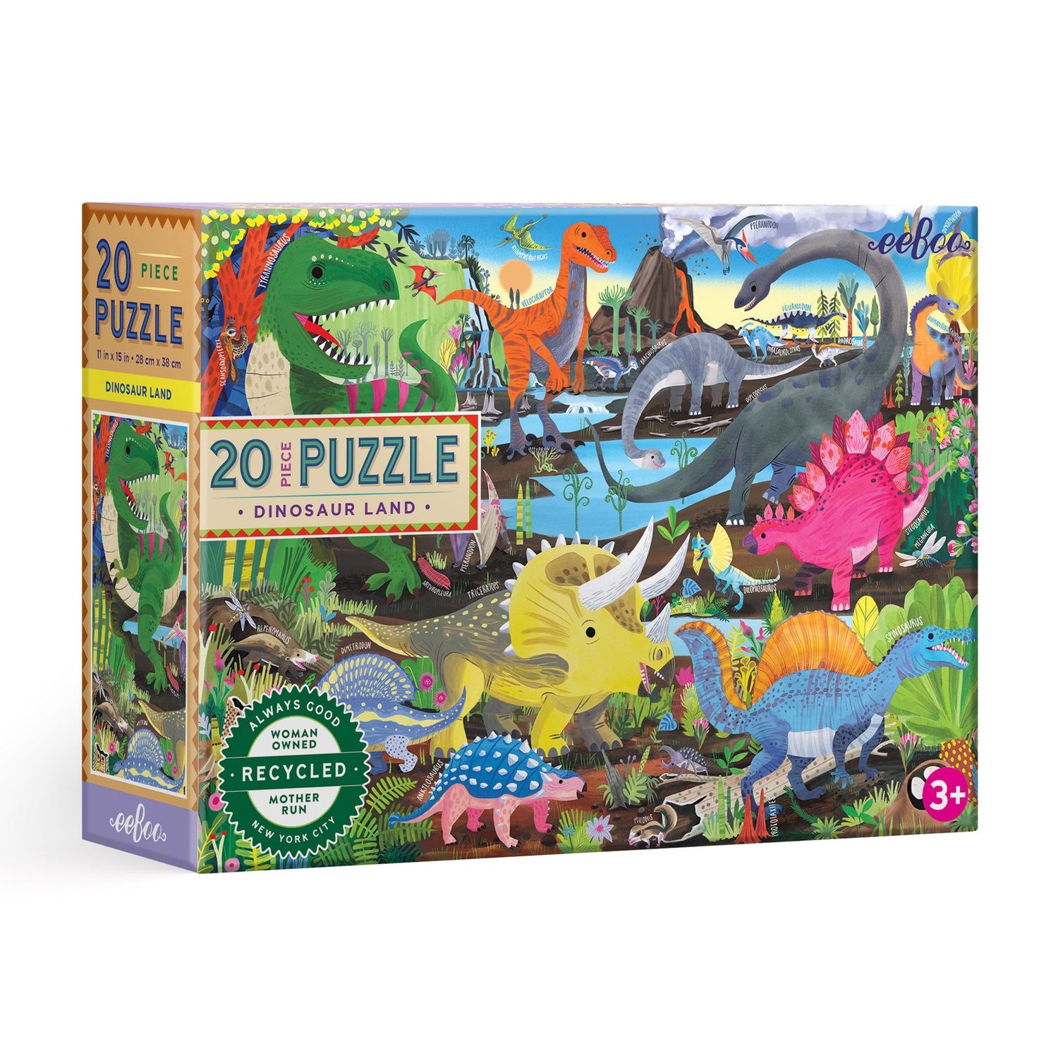 eeBoo Dinosaur Land 20-Piece Puzzle box featuring various dinosaurs and bubbling volcanoes
