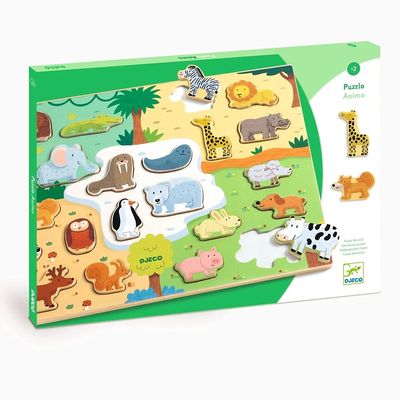 Djeco Puzzlo Animo Wooden Puzzle featuring 22 colorful animal pieces and corresponding habitats