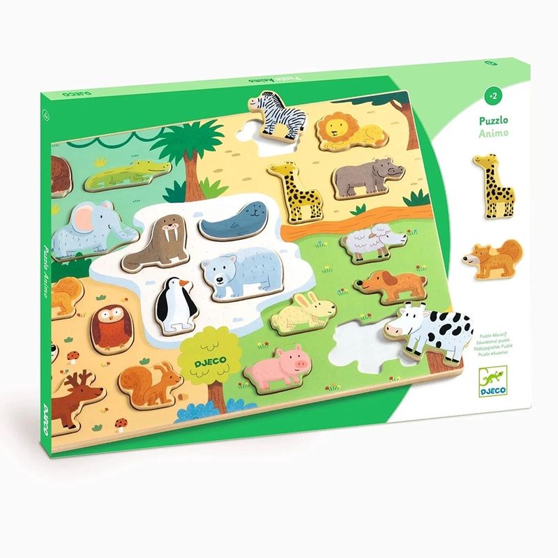 Djeco Puzzlo Animo Wooden Puzzle featuring 22 colorful animal pieces and corresponding habitats