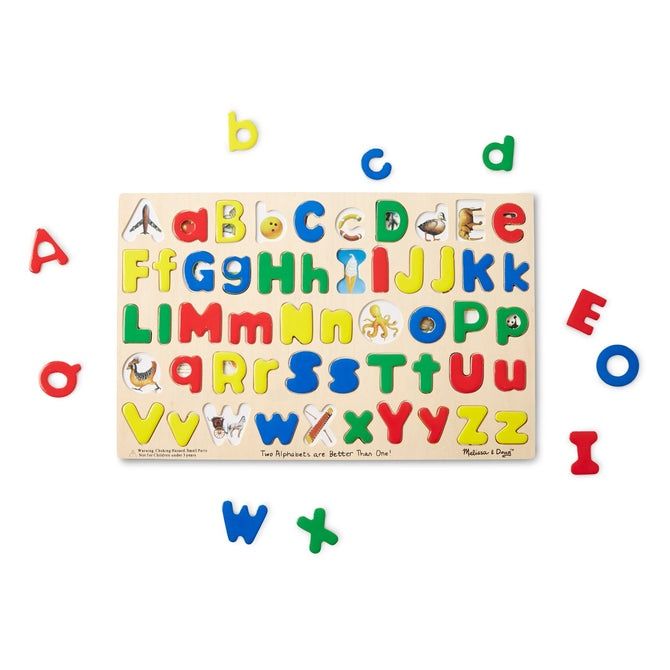 Melissa &amp; Doug Upper &amp; Lower Case Alphabet Wooden Puzzle featuring colorful letters and corresponding images