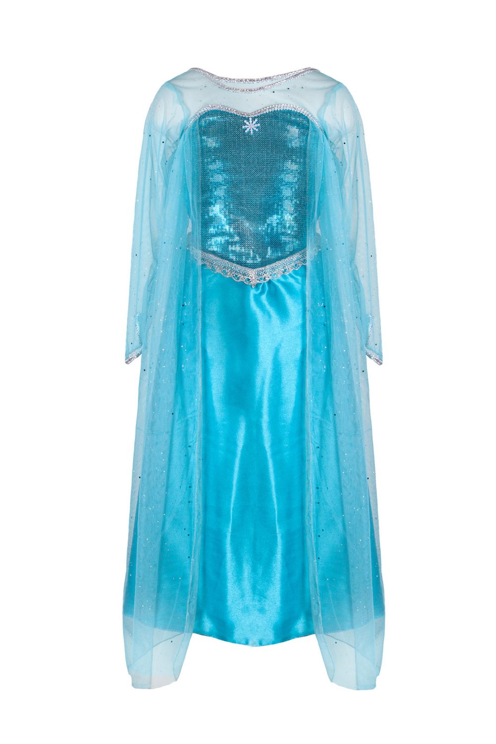 view of ice queen dress with sequin bodice, organza sleeves, and sparkling cape