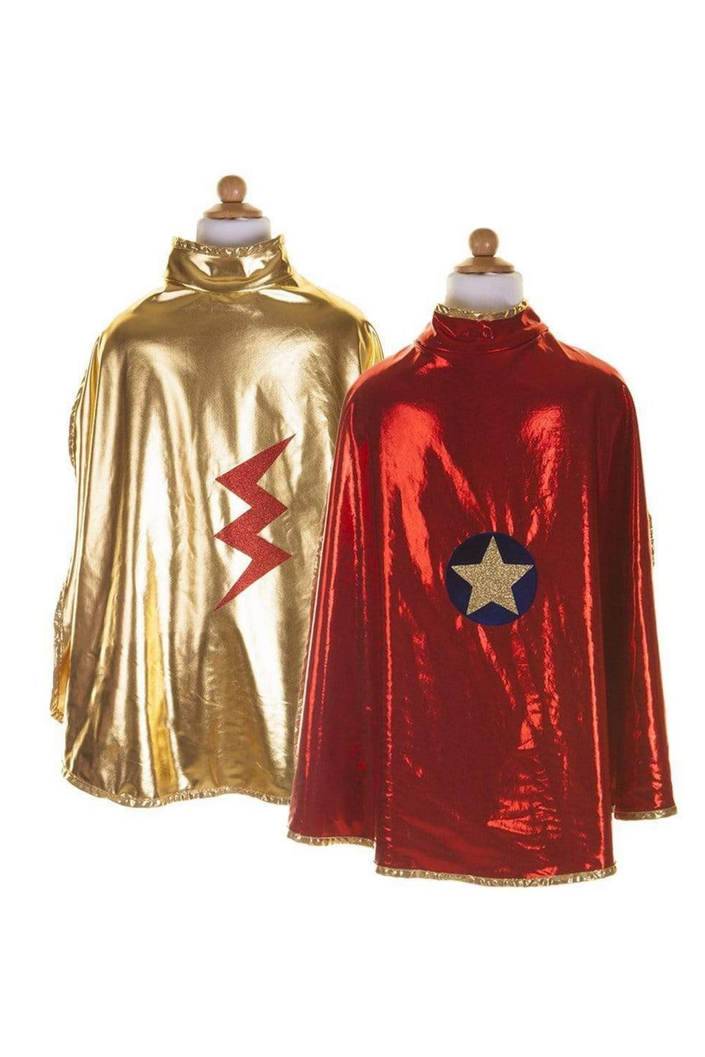 showcasing both sides of reversible cape with gold side and red thunderbolt and red side and gold star