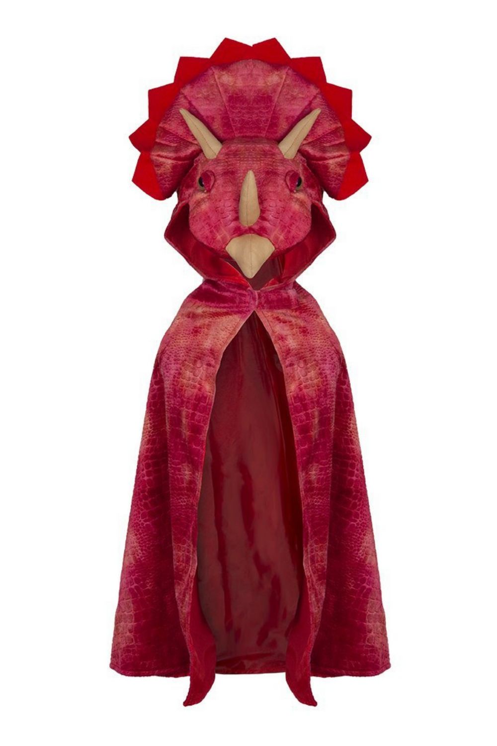 front view of triceratops hooded cape with 3d horns