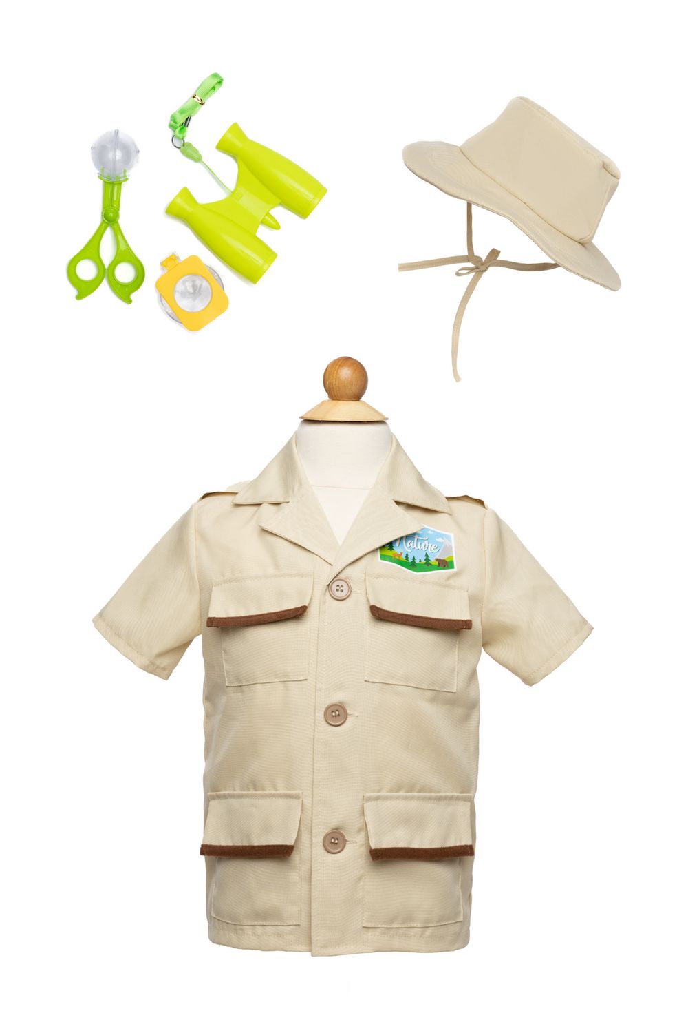 Forest guardian costume showcasing khaki shirt, safari hat, and bug-catching tools
